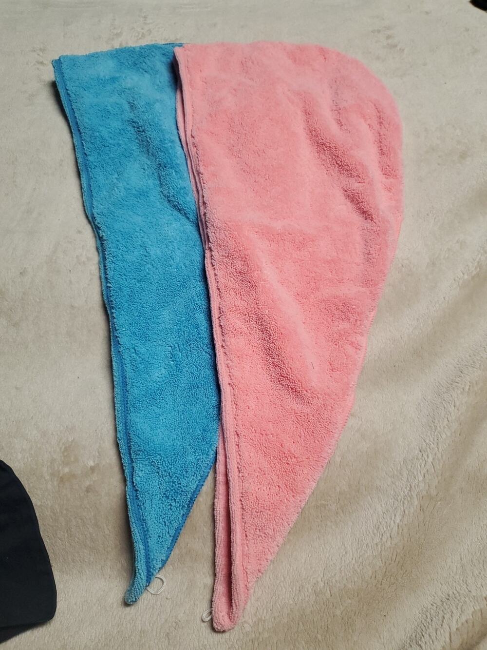2 Performance Dry Hair Towels Wraps Button Blue Peach Quick Dry Microfiber Set